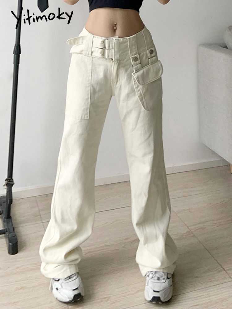 Yitimoky Y2K Casual Cargo Pants Woman Harajuku Pockets Baggy Jeans High Waist Wide Leg Denim Trousers Streetwear Bottoms Korean